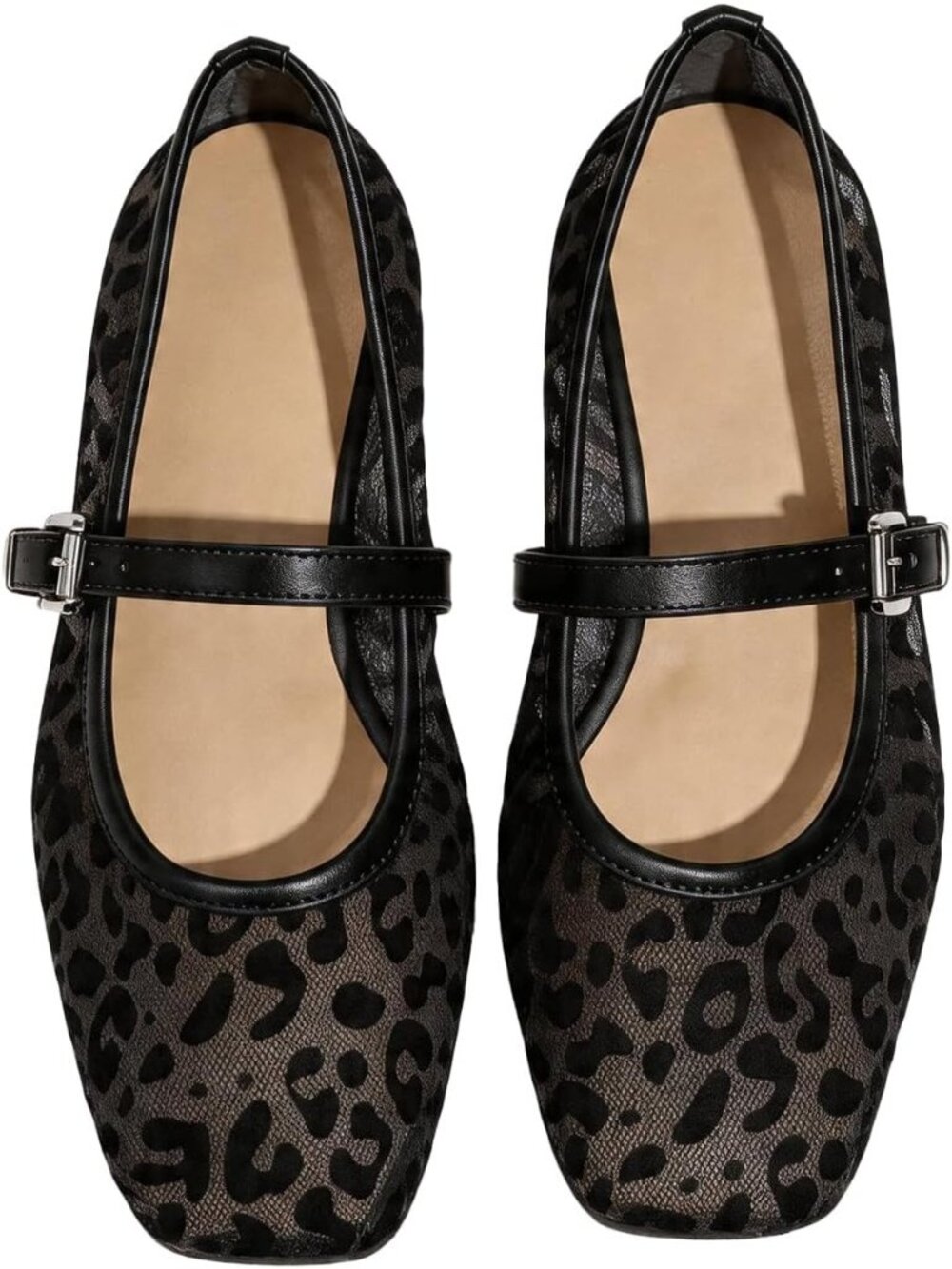 🆕Women's Leopard Mesh Mary Jane Ballet Flats Square Toe Dressy Casual Shoes